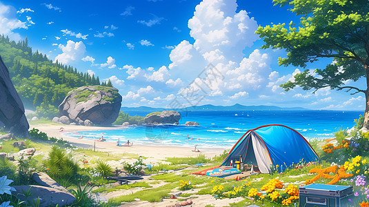蓝天白云下风景秀丽的湖边一个卡通露营帐篷图片