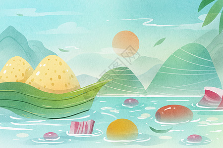 手绘水彩端午粽子山与湖水食材小清新治愈系图片