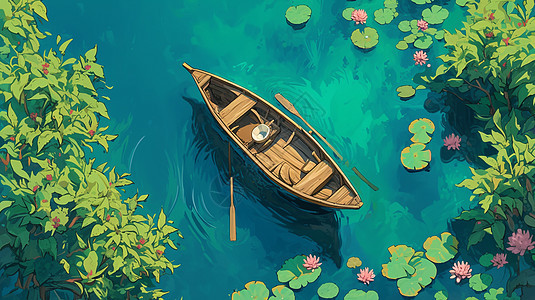 碧绿色的卡通湖泊中一艘小木船图片