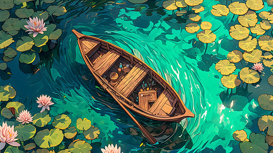 绿色的卡通湖泊中一艘小木船图片