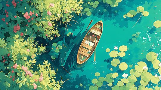碧绿色的卡通湖泊中一艘小船图片