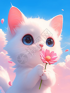 抱着一朵粉色小花的可爱卡通白色猫图片