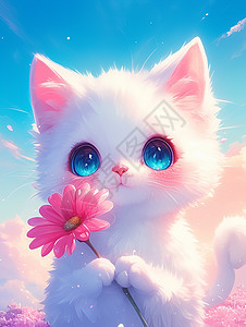 抱一朵粉色小花的可爱卡通白色猫图片