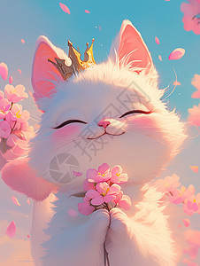 头上戴着小皇冠手捧着花朵微笑的卡通大白猫图片
