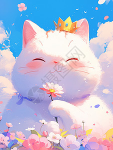 头上戴小皇冠手捧着花朵微笑的卡通大白猫图片