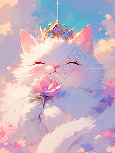 头上戴着小皇冠捧着花朵微笑的卡通大白猫图片