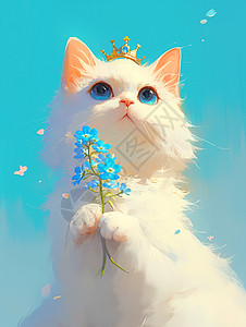 捧蓝色花束头戴皇冠的卡通白猫图片