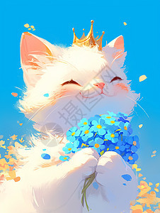 捧着蓝色花束戴皇冠的卡通白猫图片