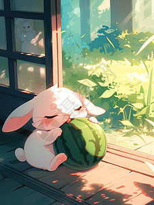 一只慵懒的卡通小兔子在啃着西瓜睡觉图片