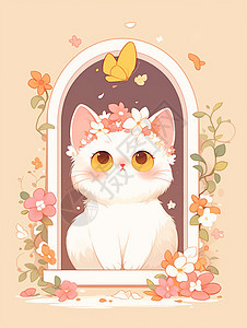 一只在窗边漂亮的卡通小猫头上戴着花环图片
