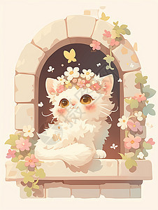 一只在窗边漂亮的卡通小猫戴着花环图片