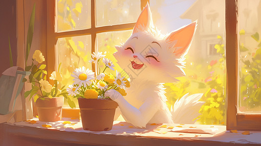 午后在窗户边抱着一个盆栽开心笑的卡通小白猫图片