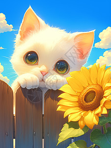 可爱的卡通小白猫站在栅栏外看着太阳花图片