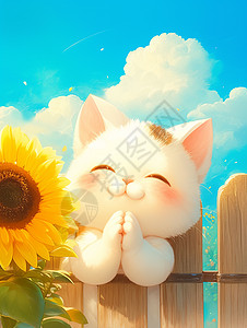 大眼睛可爱的卡通小猫站在栅栏外看着太阳花图片