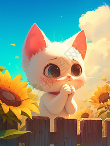 大眼睛可爱的卡通小白猫站在栅栏外看太阳花图片