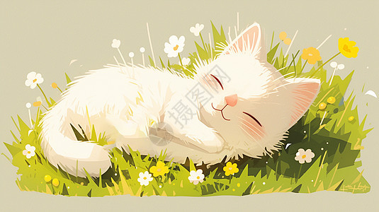趴在草丛中睡觉的可爱卡通小白猫图片