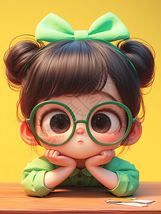 头戴绿色蝴蝶结发卡双手托着脸的可爱萌萌的卡通小女孩图片