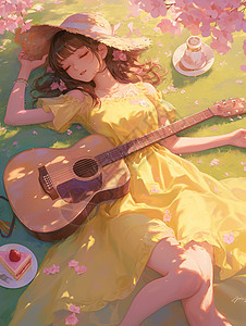 身穿黄色连衣裙躺在草地上悠闲的弹吉他的卡通女孩图片