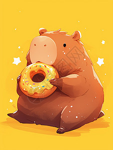 正在开心吃甜甜圈的可爱卡通小动物图片