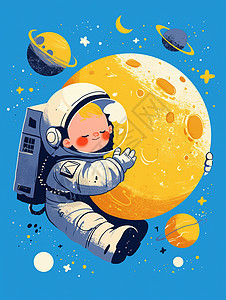太空中一个卡通宇航员在月亮旁图片
