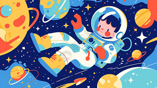 身穿宇航服在太空中遨游的卡通宇航员图片