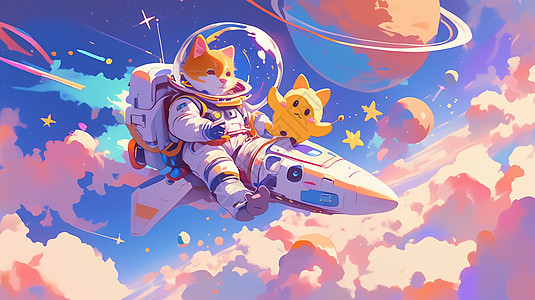 梦幻太空中一个穿着宇航服的卡通猫咪宇航员图片