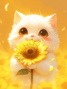 手拿一大朵太阳花的卡通猫图片