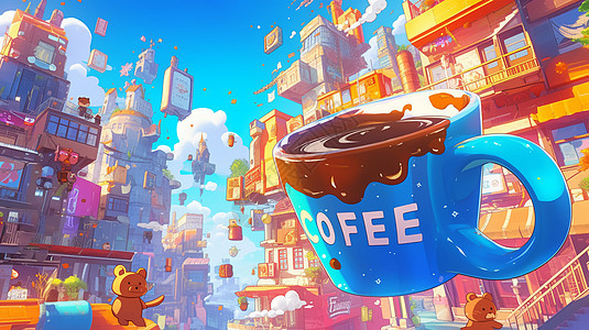 科幻卡通城市中一大杯卡通咖啡图片