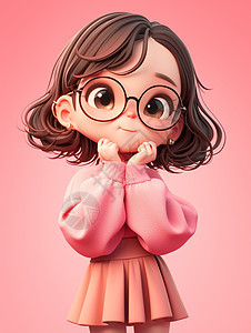 戴黑框眼镜穿着短裙的可爱卡通小女孩图片