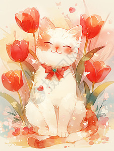 红色花丛中一只系着红色蝴蝶结的卡通小猫背景图片