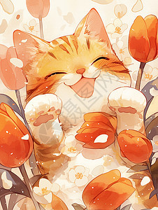 在美丽的郁金香花丛中一只可爱的卡通猫图片
