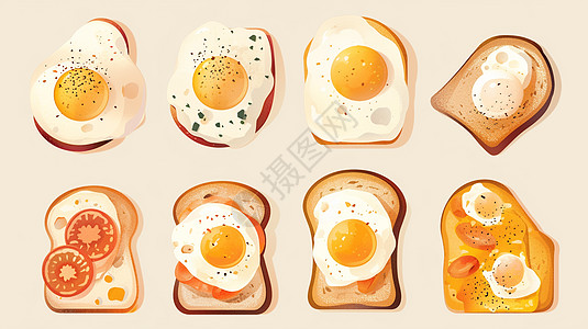 面包片上放着各种鸡蛋与食材图片