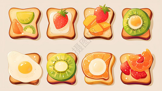 添加了各种食材的面包片早餐图片