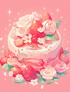 草莓花朵奶油蛋糕图片