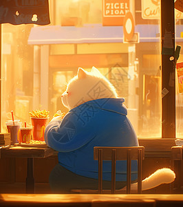 温暖的午后坐在快餐店吃饭的卡通肥猫背影图片