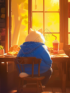 温暖的午后坐在快餐店吃饭的肥猫背影图片