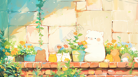 花盆旁一个可爱的卡通小白熊图片