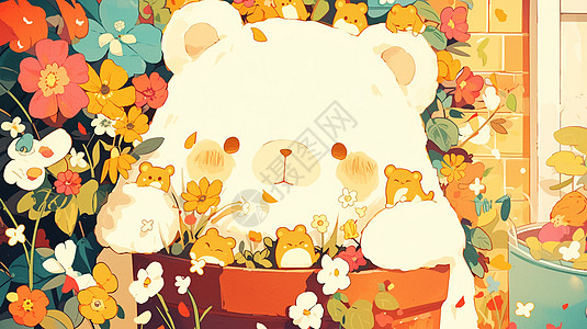 花盆旁一个可爱的小白熊图片