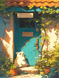 有蓝绿色门的小屋周边有很多植物且坐着一只小白熊图片