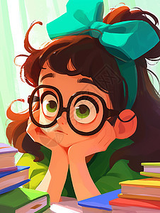 头上戴着绿色蝴蝶结发卡双手托着脸的卡通女孩身旁有很多书图片