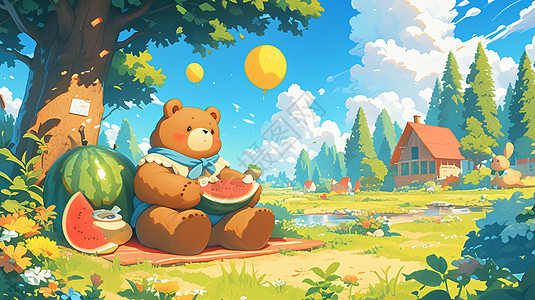 晴朗夏日坐在草地上吃西瓜的卡通小棕熊图片