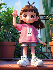 身穿粉色T恤在盆栽旁比耶手势的小女孩图片