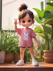 身穿粉色T恤在盆栽旁比耶手势的小女孩图片