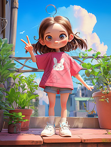身穿T恤在盆栽旁比耶手势的卡通小女孩图片