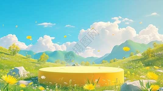 风景秀丽漫山遍野开满花朵的山中一个卡通舞台图片