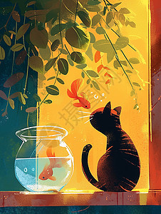 可爱的卡通小猫和鱼缸里的鱼图片