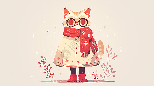 围着围巾穿着大衣的可爱卡通花猫图片