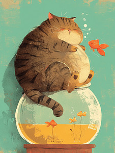 坐在玻璃鱼缸上的卡通大猫咪图片