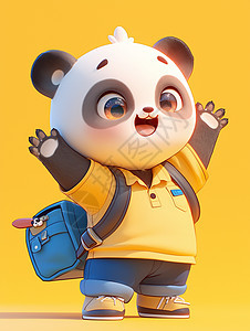 穿着黄色T恤背着书包的卡通大熊猫图片