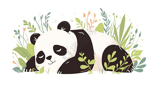 趴在草丛中睡觉的可爱卡通大熊猫图片